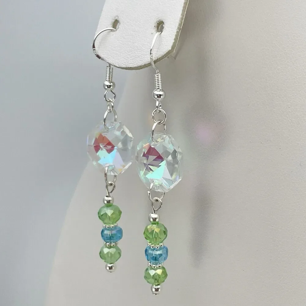 Silver White AB Green Blue Glass Beaded Dangle Earrings Unique